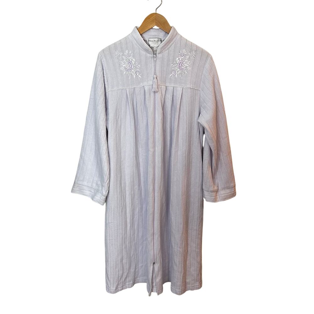 Miss Elaine Classics Soft Fleece Robe Full Zip Embroidered Pockets Lavender L